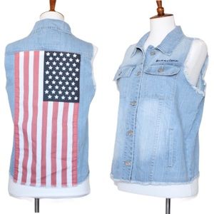 Maddie American Flag Fringe Faded Denim Vest JXS